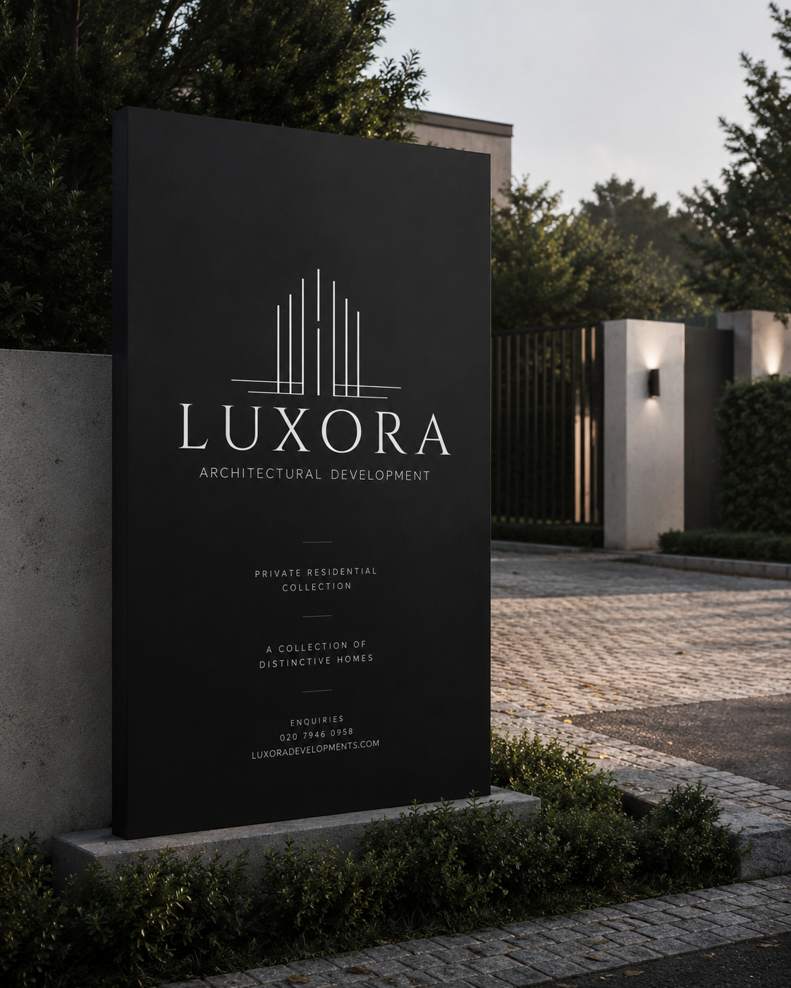 LUXORA monument sign at a private residence gate